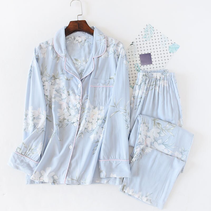 Spring Cotton Women's Sleepwear Fresh Flower Printed Pajamas Set Female Casual Long Sleeve Top AND Pant Ladies Homewear: Blue / M