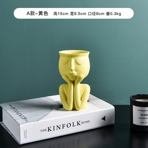 Luksus karakter portræt urtepotte skulptur nordisk ansigt potter arrangementer hjem skrivebord vase stue dekoration: A-gul