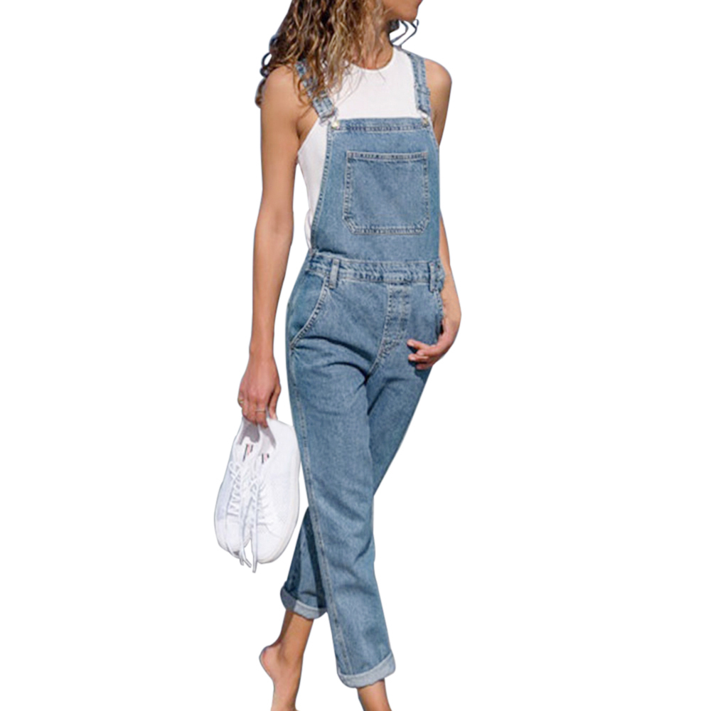 Dame blå denim overalls jumpsuit rompers bæltehul hul lomme til kvinder afslappede kvindelige bukser: Lyseblå / S