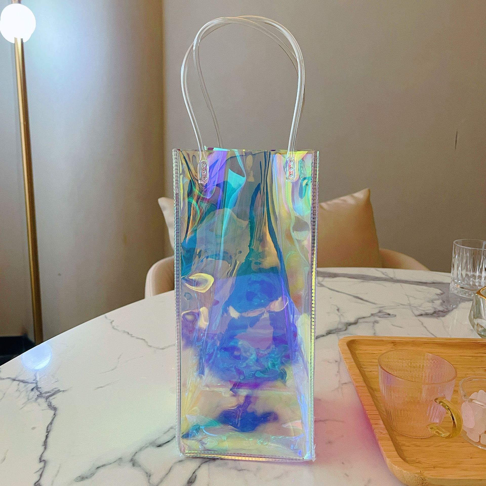 3 Stück Wein kühler zusammen klappbarer klarer PVC-Beutel Wein kühltasche mit Griff Eis Wein beutel für Champagner Bahre Getränke: Schwarz