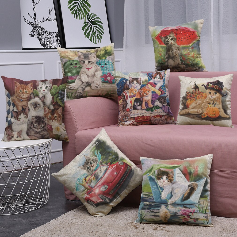 Mignon chat impression housse de coussin Kissen oreillers décoratifs pour canapé-lit maison taie d'oreiller Cojines Decorativos Para Sofá