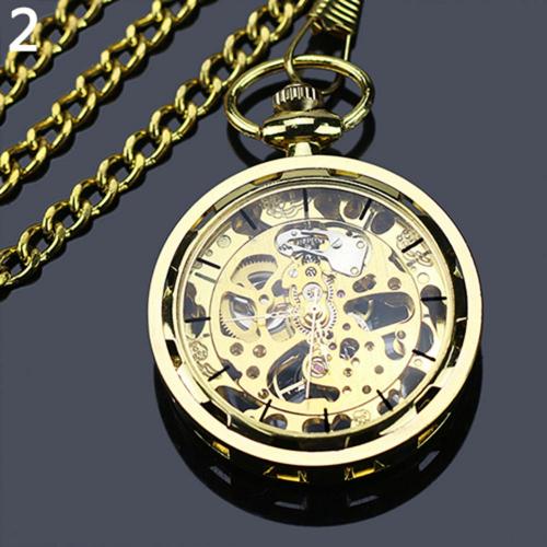 Unisex Luxury Silver Skeleton Mechacnical Hand-winding Mens Pocket Watch with Chain Smooth Steel Women Unisex Pocket Watch: Golden