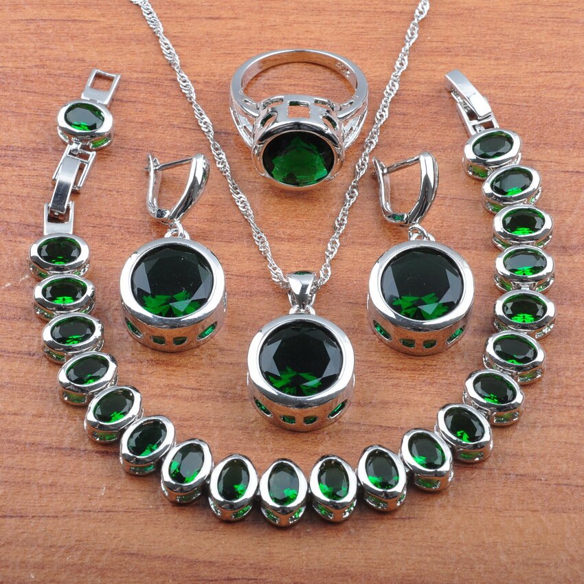 Bruids Bruiloft Sieraden Sets Oorbellen En Ketting Set Voor Vrouwen Kostuum Groen Zirconia Ronde Accessoires Js0370: 4PCS Jewelry Sets / 8