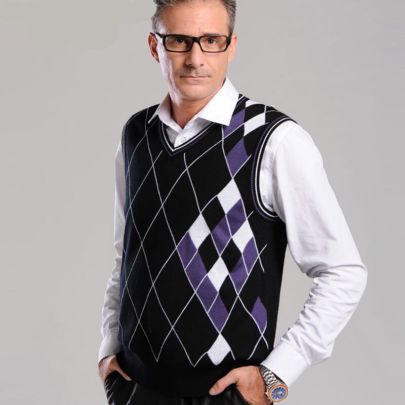 Hommes Woll col en v gilet chandails Argyle Slim Fit Patchwork sans manches automne printemps tricoté Contted décontracté mâle vêtements