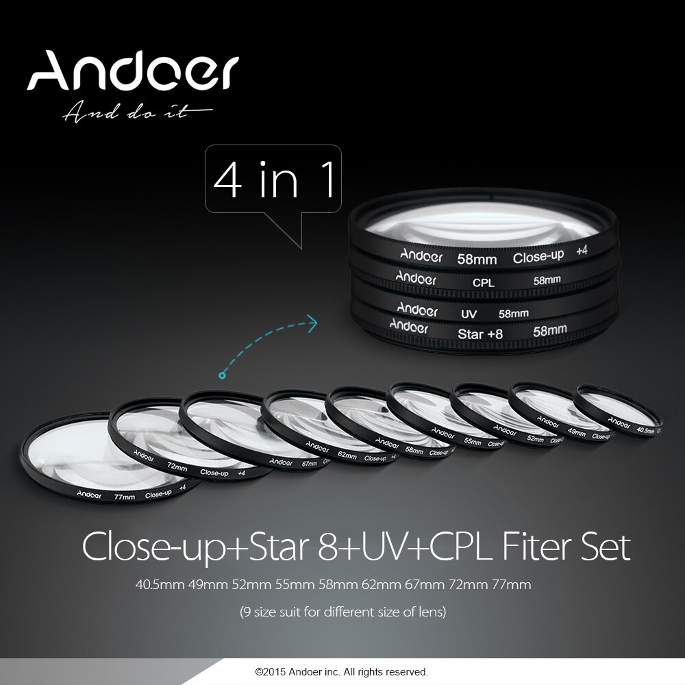 Andoer 55mm-77mm UV + CPL + Close-Up 4 + Ster 8-Point Filter Circulaire polarisator Filter Macro voor Nikon Canon Pentax Sony DSLR Camera