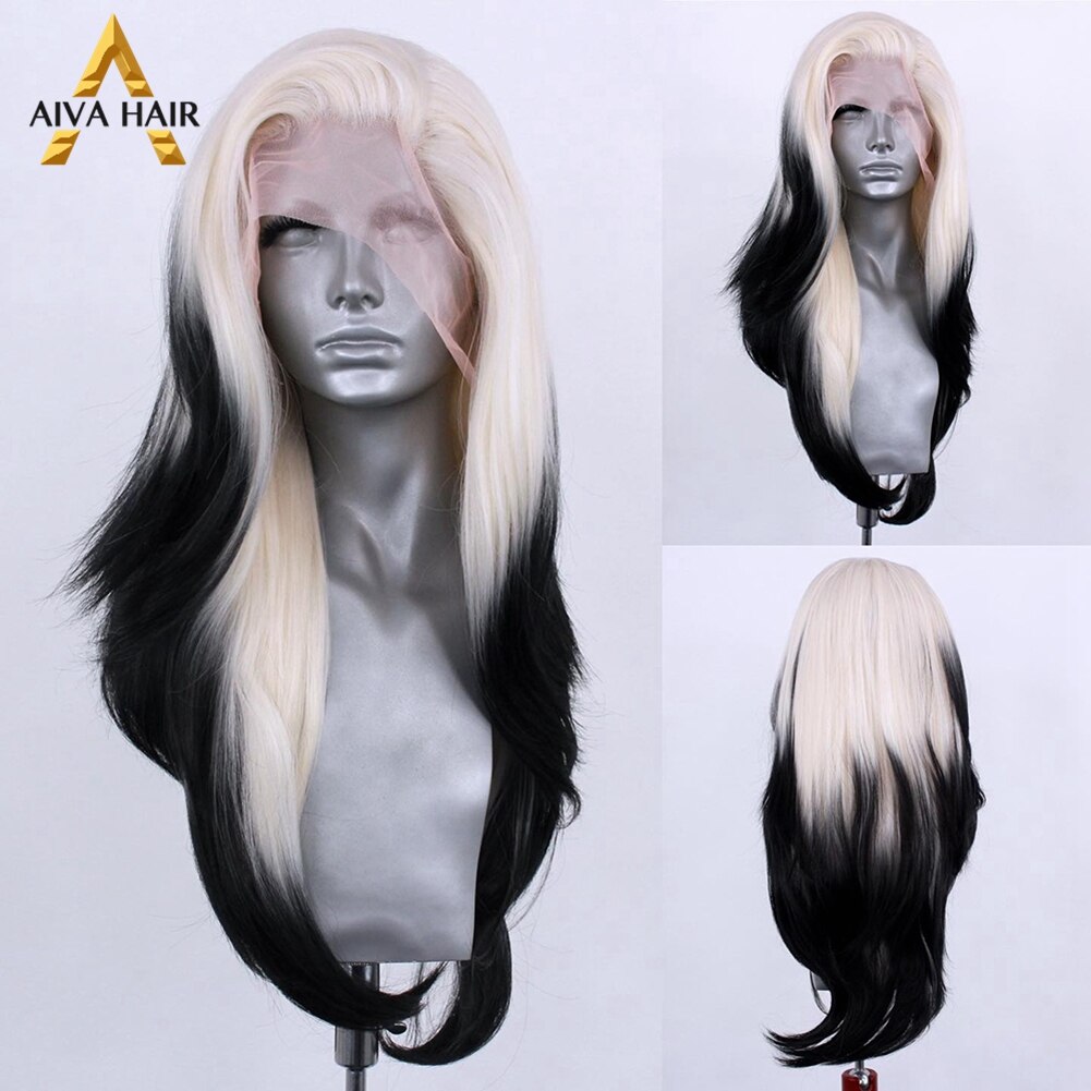 Heat Resistant Ombre Synthetic Hair Lace Wig Aiva Straight Black White Synthetic Lace Frint Wig Cosplay Wigs For Black Women: Straight / 24inches