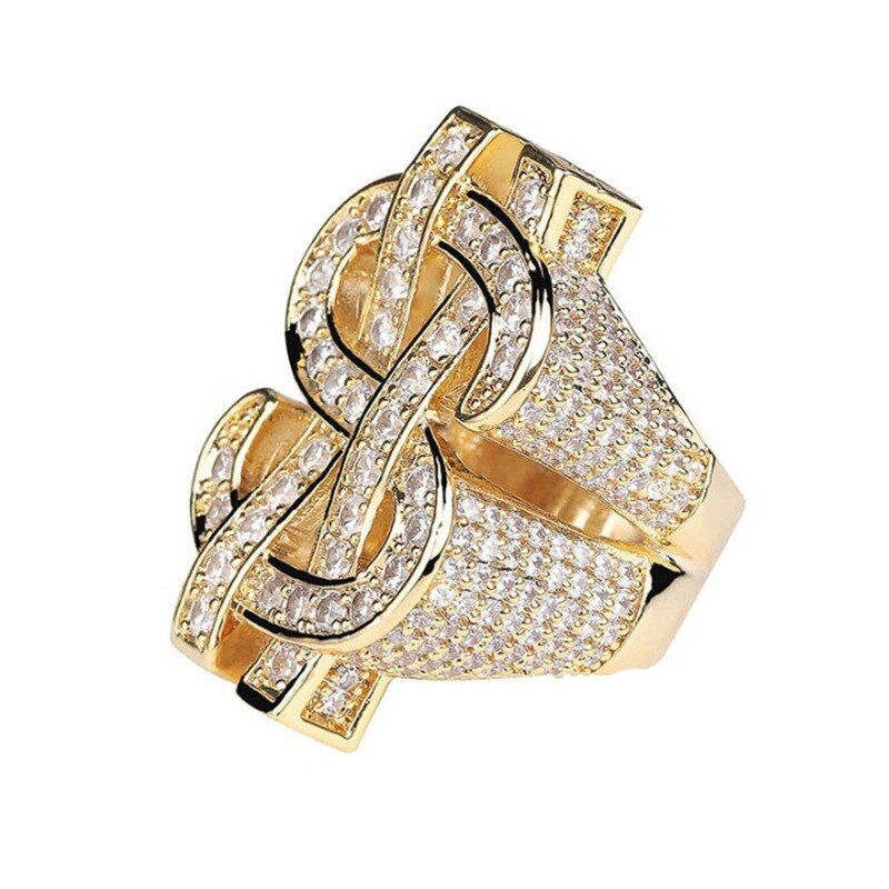 Classic Rock Iced Out Bling Goud Zilver Kleur Us Dollar Teken Ringen Aaa Kubieke Zirkoon Hip Hop Ring Voor Vrouwelijke/Mannen Sieraden