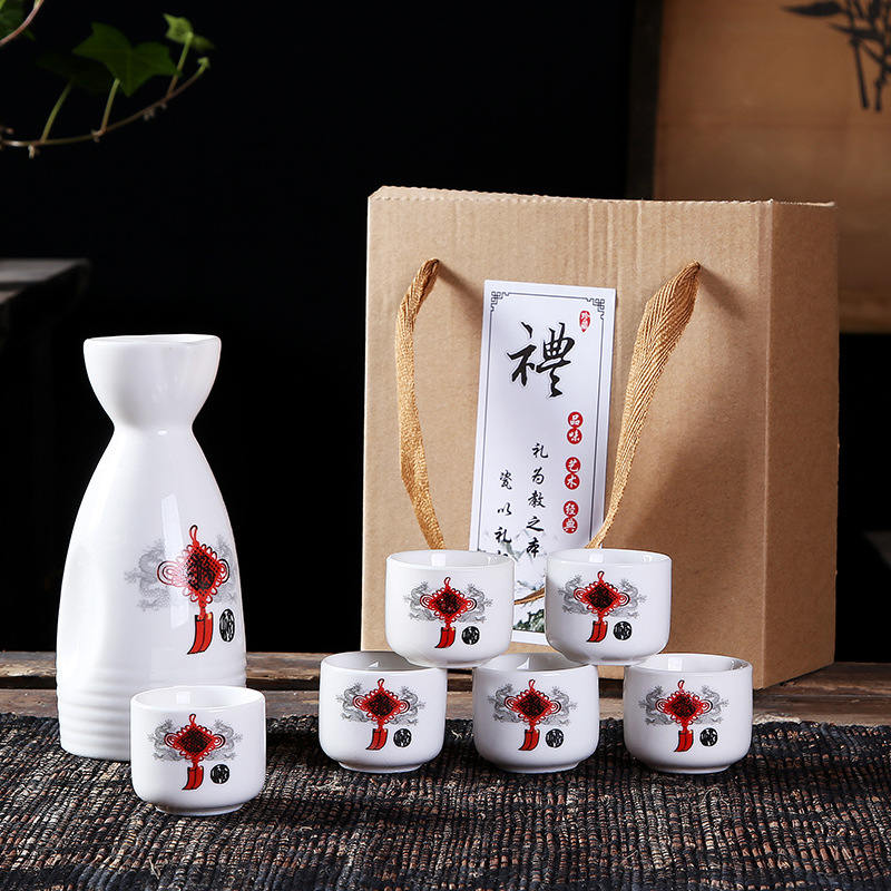 Japanese Sake Set, 6 Pieces Sake Set Hand Painted Porcelain Pottery Traditional Ceramic Cups Crafts Wine Glasses Box: Red