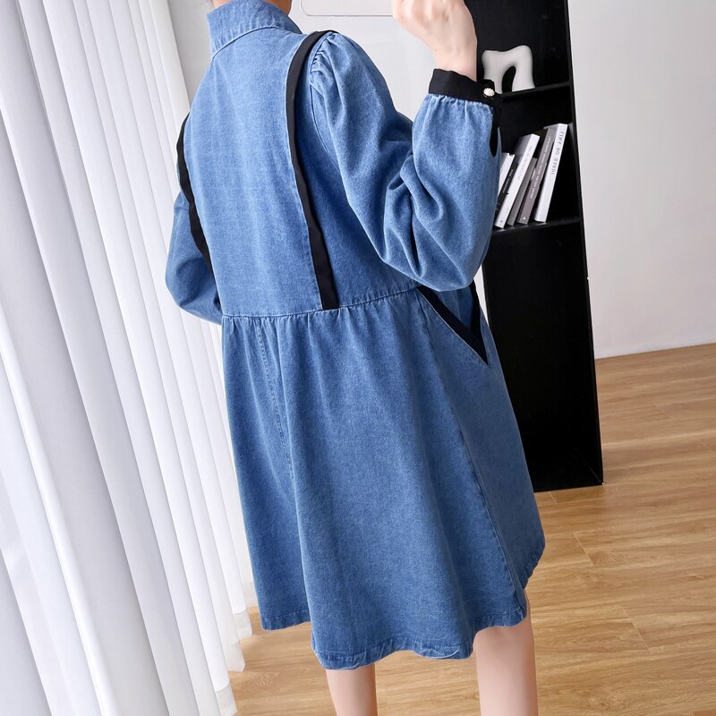 Vestido vaquero premamá de manga larga para mujeres embarazadas, ropa de embarazo de estilo coreano, con cuello vuelto, botón, a la