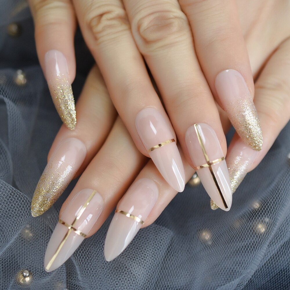 Holografisk faux ongles ombre nautal fransk nagel extra lång kista glitter abs gel fingernagel set 24 ct: L5266
