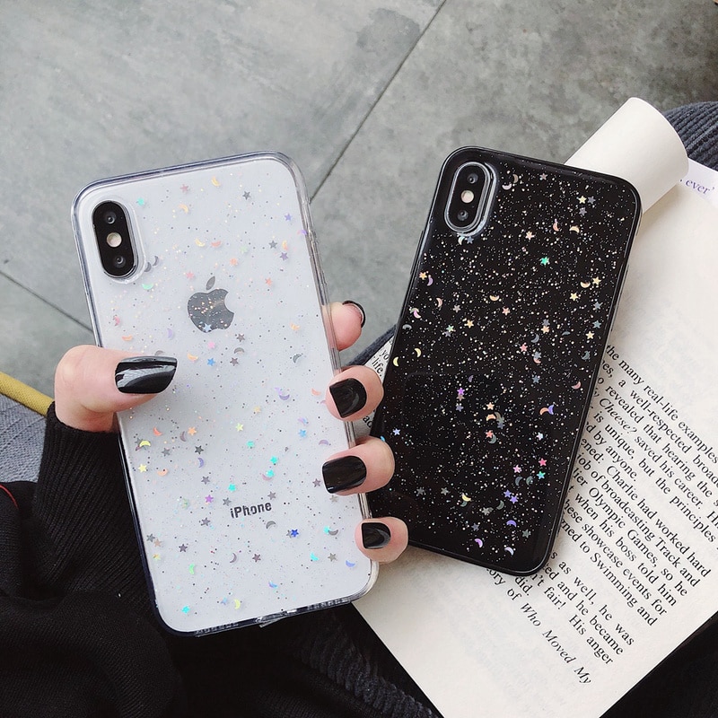 For Apple iPhone 11 Pro 6 6s 8 7 Plus XR 10 X XS Max 5S Cover Glitter Bling Star Moon Sequins Soft TPU Clear Silicone Phone Case