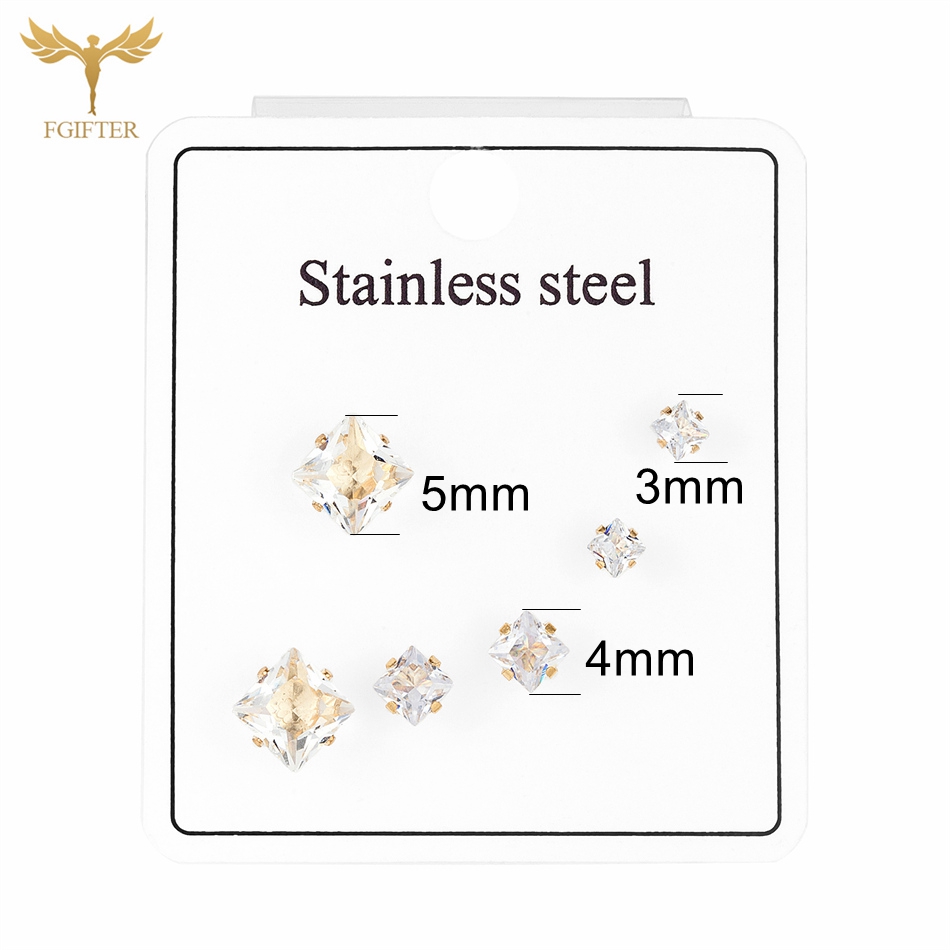 Juego de 3 pares de pendientes de cristal de acero inoxidable para mujer, aretes geométricos de circonita cúbica, joyería para Piercing de lóbulo de Color dorado y plateado: Con recubrimiento de titanio