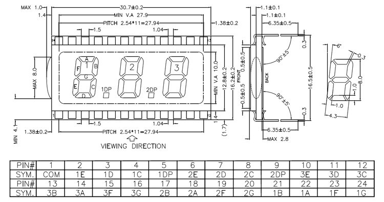24PIN TN positiva 3 dígitos Panel LCD de segmentos sin retroiluminación 3V