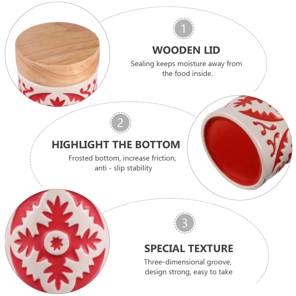 Ceramic Grain Canister Food Kitchen Sealed Storage Container Empty Storage Jar Dried Fruit Jar with Wooden Lid (Red)