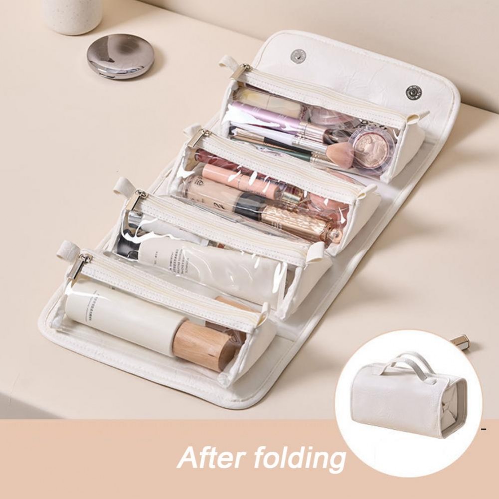 Neceser de viaje de cuero plegable para mujer, estuche de maquillaje portátil de gran capacidad, organizador de maquillaje de artículos de tocador impermeable, bolsa de almacenamiento: Blanco