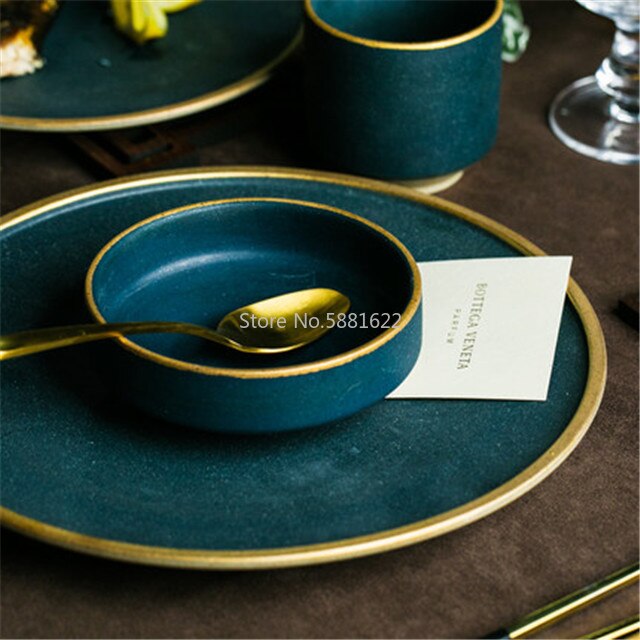Keramisk guld indlægsplader bøf mad fad nordisk stil retro bordservice skål middag tallerken kop høje slut servise sæt