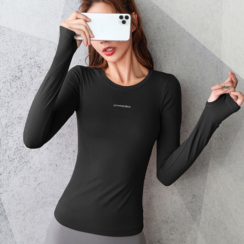 Skinny sporttop voor vrouwen, internet beroemdheid workout, lange mouwen, snel drogend, sexy yogakleding, trainingsshirt: Zwart / Ik