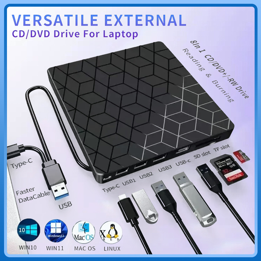 7-in-1-USB3.0- und Typ-C-CD-DVD-Recorder-Player, Schriftsteller, externer DVD-Brenner, optisches Laufwerk, tragbarer Leser für Laptop, Desktop, Notebook