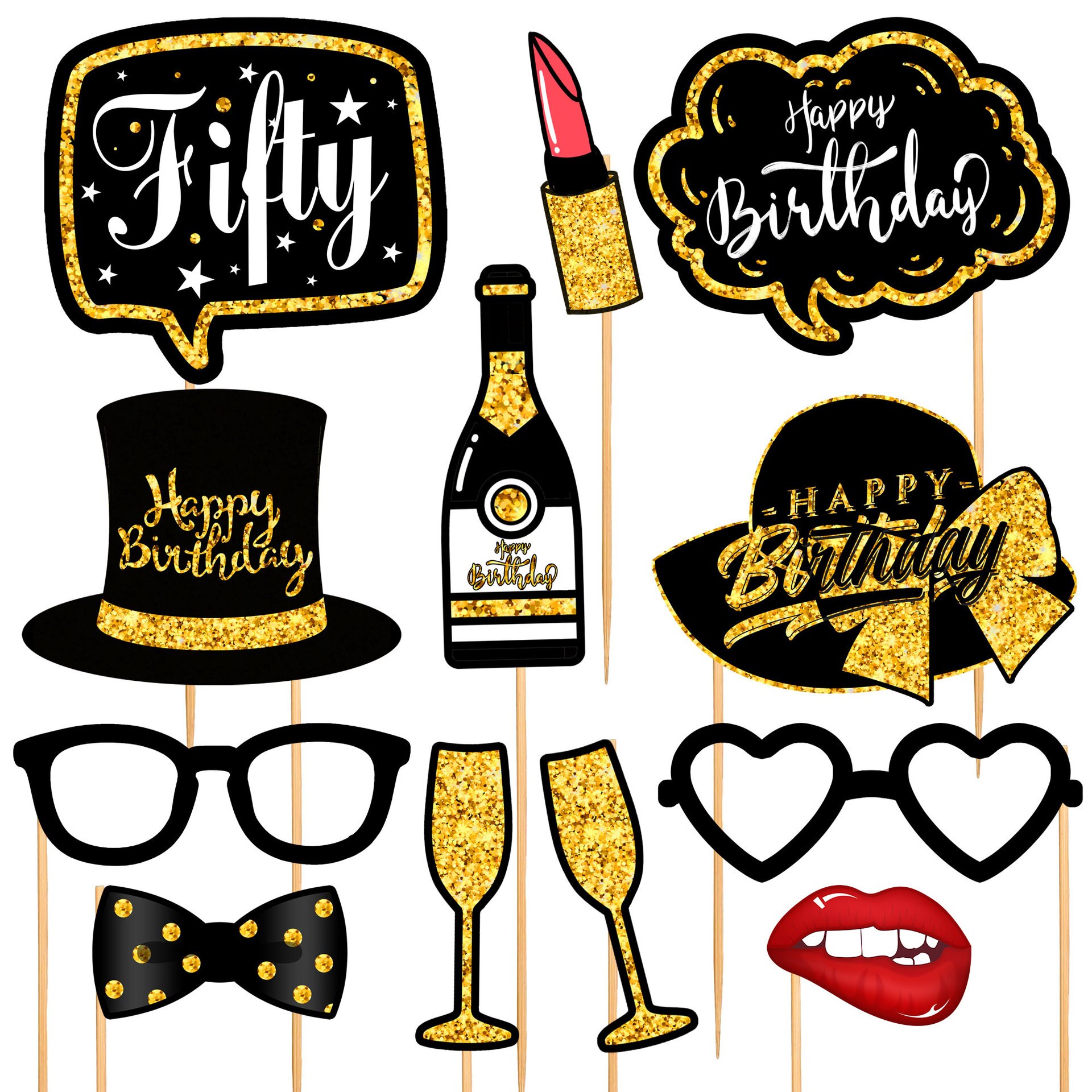 12 Stks/set Zwarte Goud 18 30 40 50 60 Gelukkige Verjaardag Photo Booth Prop Volwassen Verjaardagsfeestje Decoratie Man Vrouw diy Photobooth: 50th