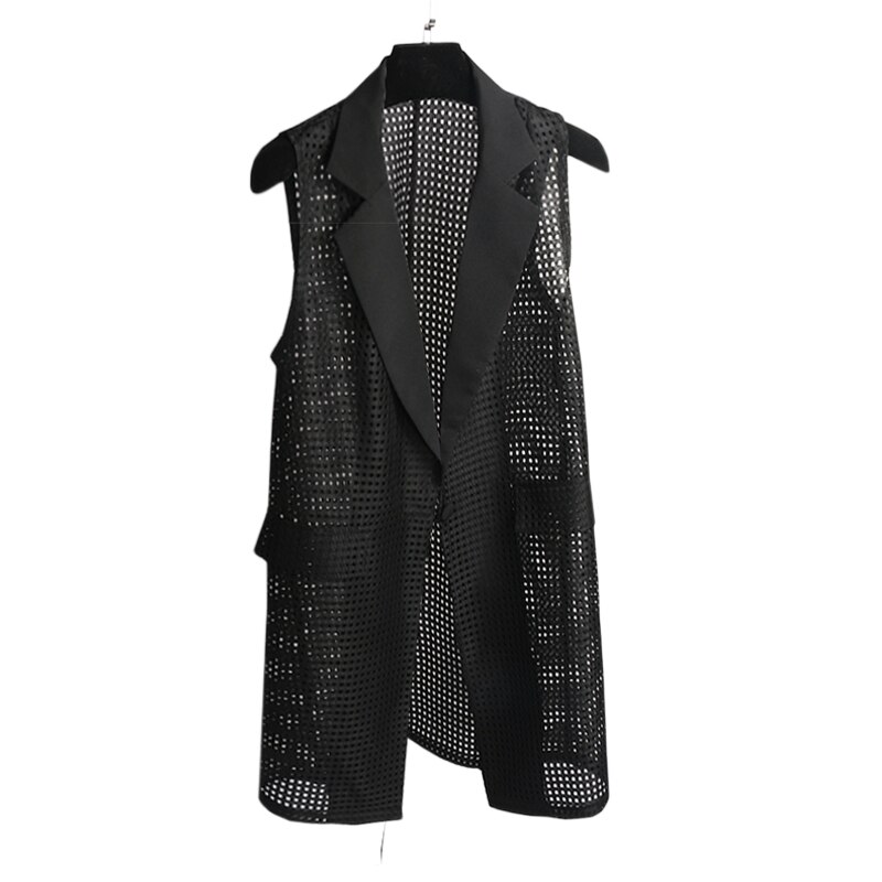 Lang vest kvinder sommer ærmeløse cardigan veste udhulet tyndt overtøj dame fritidstøj sort hvid m -3xl