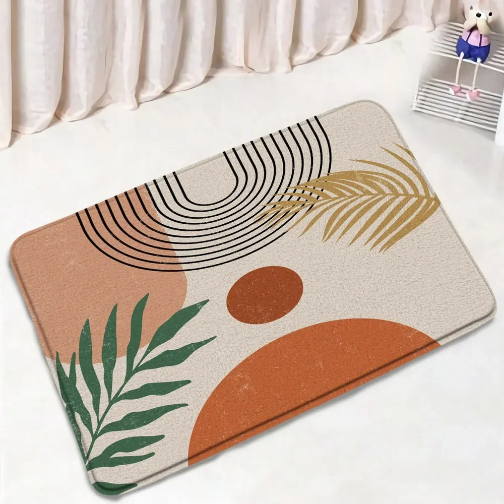 Abstrakt bademattesett fra midten av århundret svart linje grønt blad moderne geometrisk boho hjem teppe baderomsinnredning gulvtepper toaletttrekk: Beige