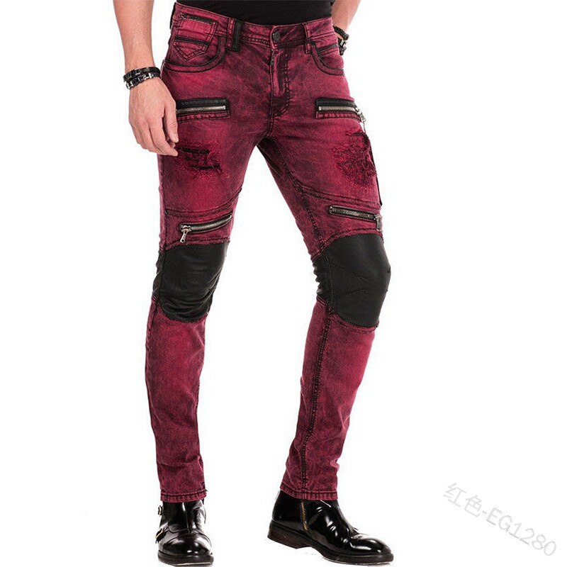 Wepbel punk vintage miehet laihat denim housut useat vetoketjulliset taskut tilkkutäkki rock roll farkut revitty letku denim pitkät housut: Punainen / Xxxl