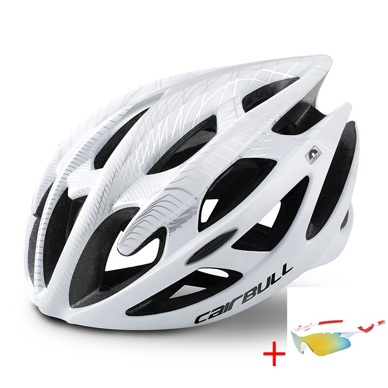 Mtb Men Women Road Mountain Bike Helmet with Glasses Ultralight All-terrain Sports Riding Cycling Helmet Child: White silver / ML(58-62CM)