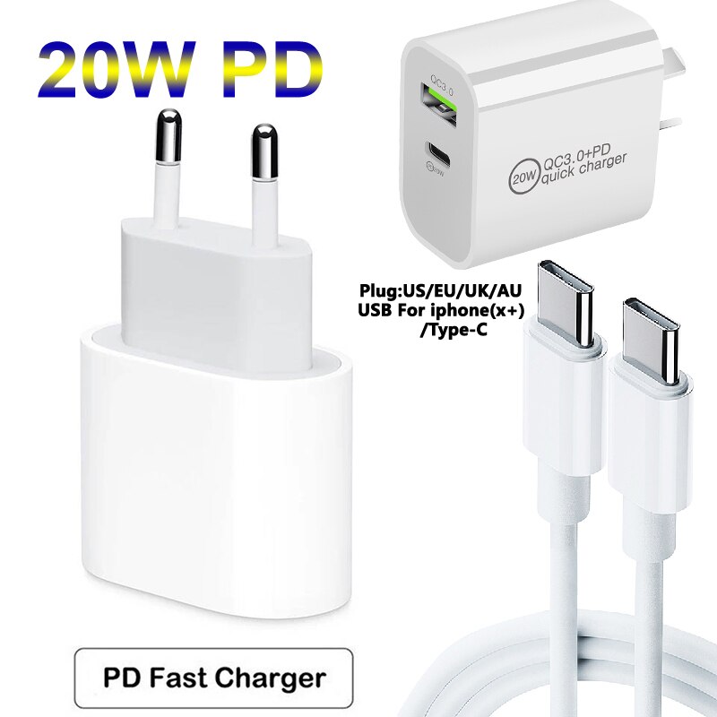 Szybka wtyczka USB PD 5V3A 9V2A QC3.0 telefon komórkowy tablet kabel ładowania dla UK/AU/US/ue dla iPhone/type-c 20W ładowarka biurowa