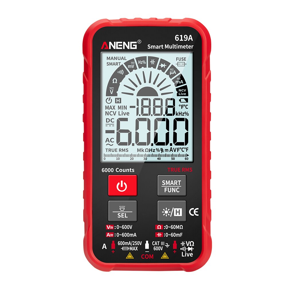 ANENG 619A Digital Multimeter Esr Meter Testers Automotive Electrical Dmm Transistor Peak Tester Meter Capacitance Meter: Red