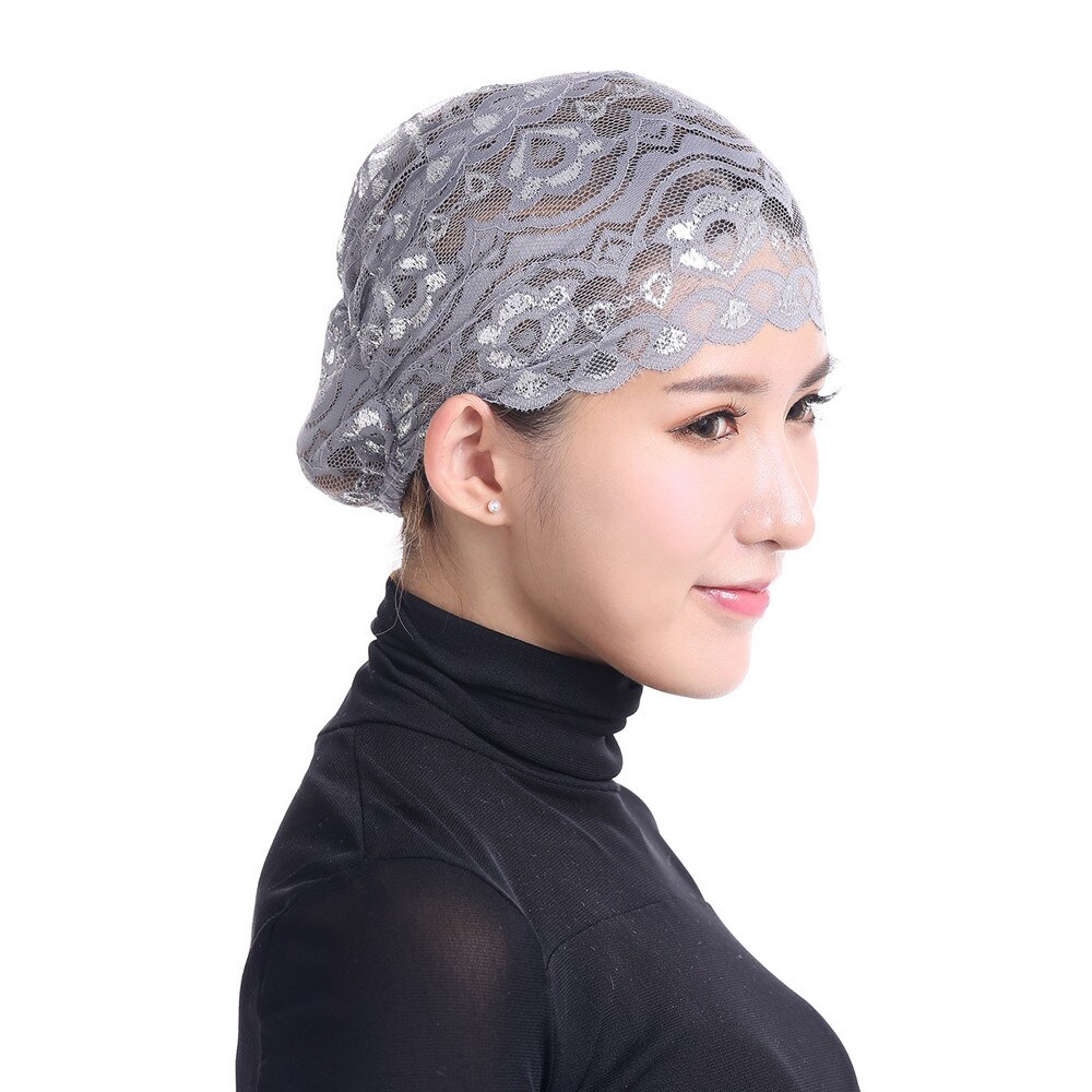 Vrouwen Moslim Stretch Kant Tulband Hoed Chemo Cap Haaruitval Hoofd Sjaal Wrap Cap: Grey 