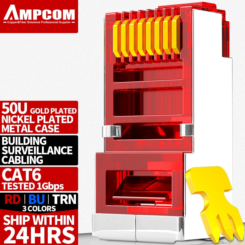 AMPCOM CAT5e Shielded RJ45 Modular Plug Connector 8P8C Crimp End Ethernet Cable Ethernet Connector Gold-Plated 50U