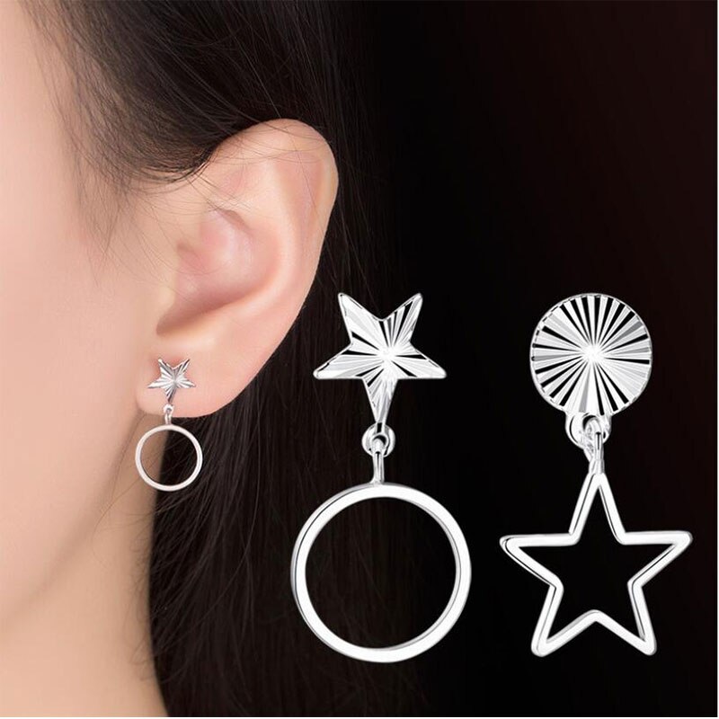 Anenjery argent couleur géométrique étoile ronde creux asymétrique boucles d'oreilles pour les femmes S-E528