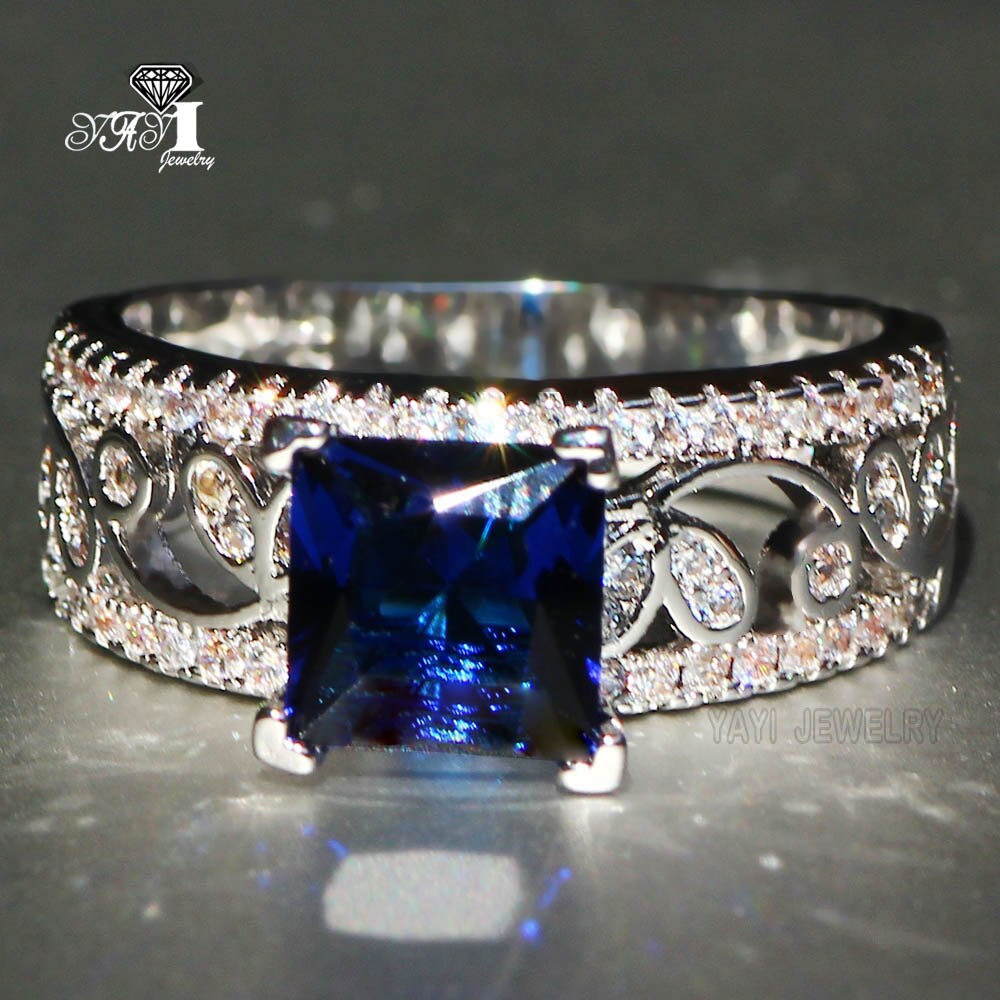 Joyería YaYI de corte princesa, anillos de compromiso de circonita azul de 3,2 CT, anillos de boda, anillos de 637