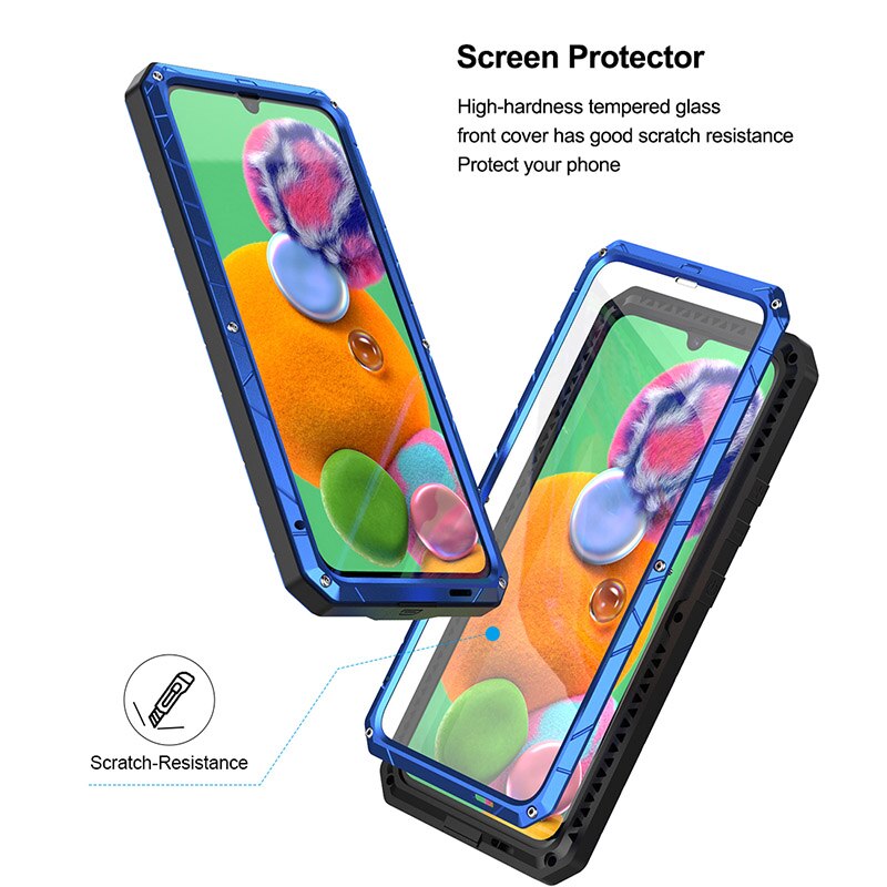 For Samsung Galaxy A90 5g Phone Case Hard Aluminum Metal Case Tempered Glass Screen Protector Cover Heavy Duty Protection Cover