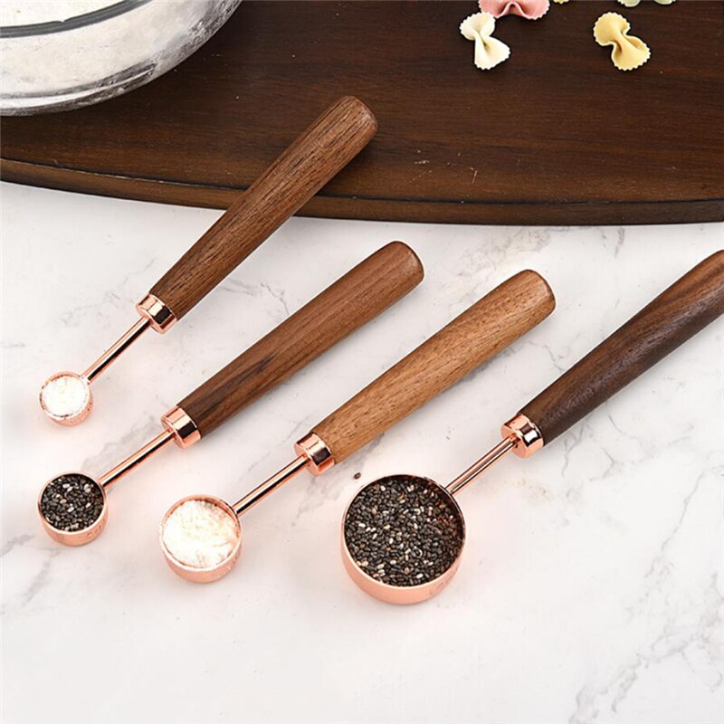 Rose Gold Measuring Cups And Spoons Set Teaspoon Wood Handle Copper Pink Kitchen Milk Coffee Cake Baking Measuring Spoon