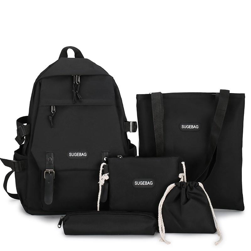 Conjunto de 5 mochilas informales para adolescentes y mujeres, morrales escolares de lona para viaje, bolso de hombro para estudiantes: Black