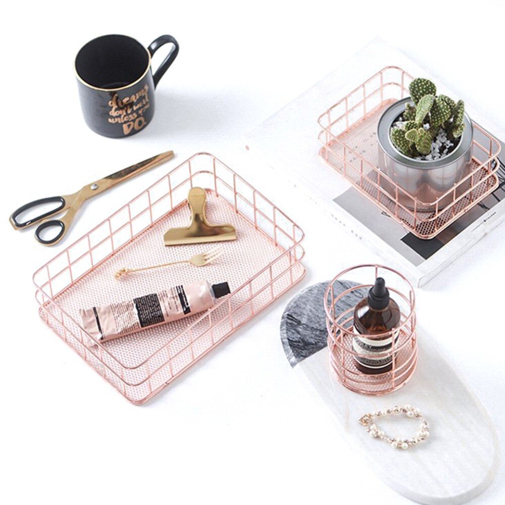 4 stilar rosa guld metall förvaring korg kosmetiska arrangör hållare skrivbord kök badrum hylla heminredning tillbehör