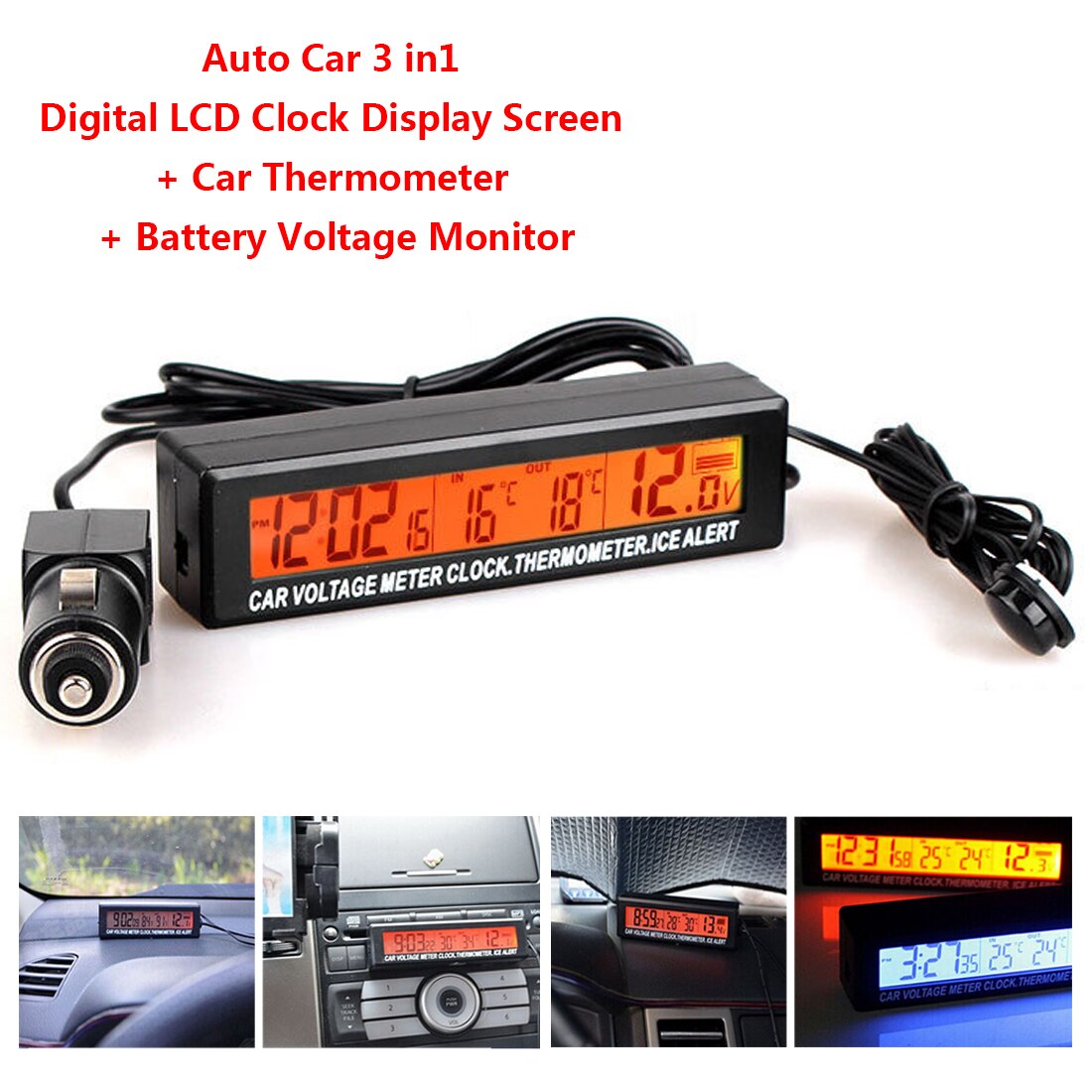 Car Digital Auto Thermometer Voltmeter Clock Volt 3 in 1 Temperature Monitor 12V Outdoor Indoor LCD Cigarette Socket Backlight