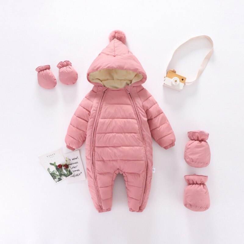 Piumino invernale con cerniera pagliaccetto ispessito per neonato invernale per ragazze ragazzi pompon tuta con cappuccio + guanti + calzino 0-24M: P / 6m