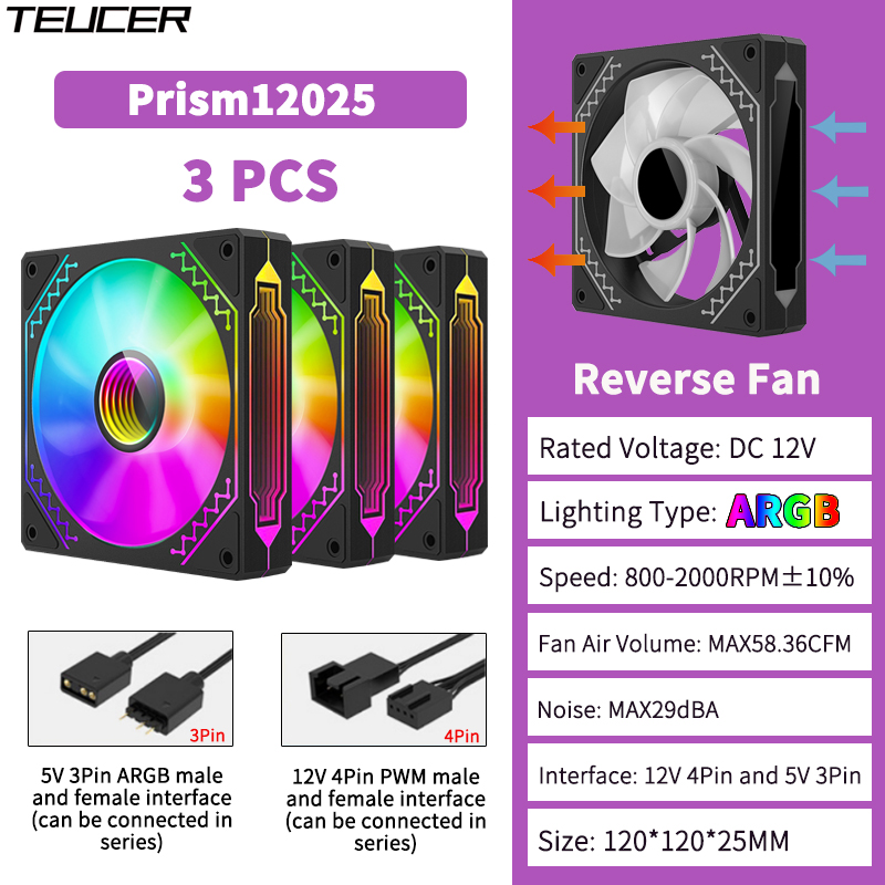 Teucer prism 12025 pc kabinetblæser 120mm 5v 3- pins argb cyklisk spejllyseffekt pwm 800 to 2000 rpm køleblæsersæt 3 stk.: Gul farve