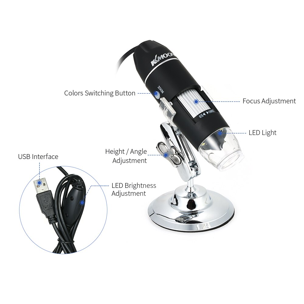 KKmoon USB Digital Microscope with OTG Function 1600X Magnification Endoscope 8-LED Light Magnifying Glass Magnifier with Stand