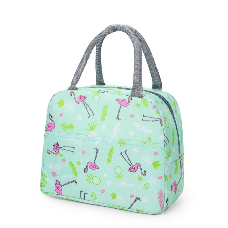 Animal Print Waterproof Nylon Portable Zipper Lunch Bag Women Student Lunch Box Thermo Bag Office School Picnic Cooler Bag Bolso: Green Flamingo