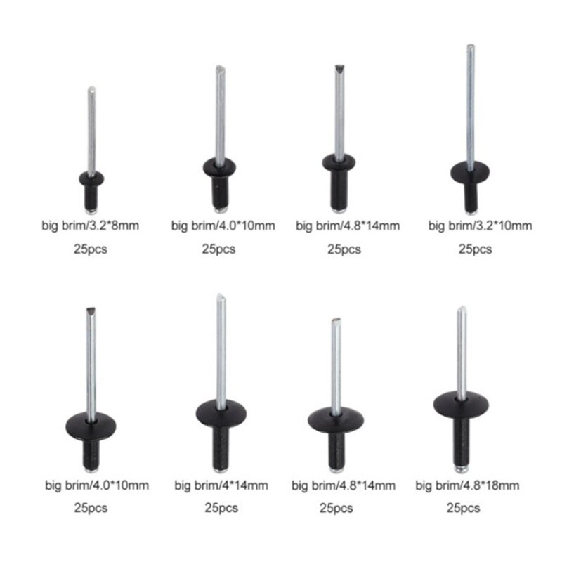 200Pcs Black Blind Rivets Aluminium Rivets High Strength Round Head Blind Rivet Assortment Kit Countersunk Rivets Screws