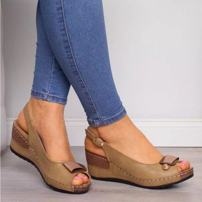 Rome Casual Sandalen Vrouwen Wiggen Sandalen Pompen Enkel Gesp Open Teen Vis Mond Med Zomer Vrouwen Schoenen Wiggen schoenen: Khaki / 35