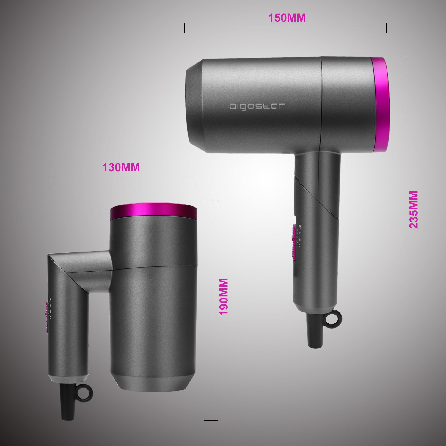 Aigostar Diane 32QYD - Secador de pelo， 1800W， ocupa poco espacio: mango plegable， 2 velocidades， 3 temperaturas. Incluye boquilla concentradora de calor. Perfecto para viajes. Color gris y rosa.