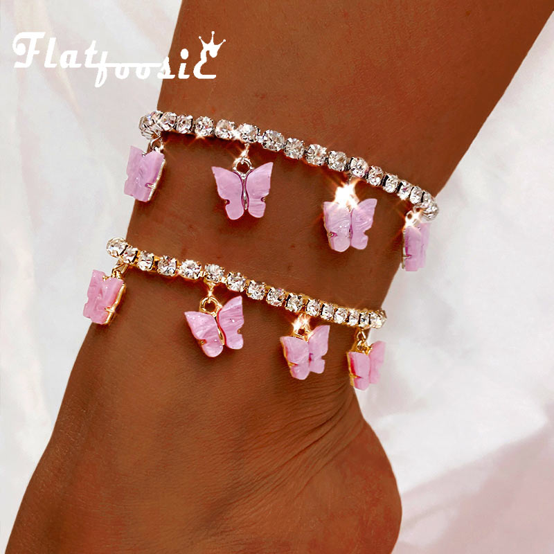 Flatfoosie sommerfugl ankler til kvinder guld sølv farve bling krystal kæde justerbar anklet sommer fod smykker