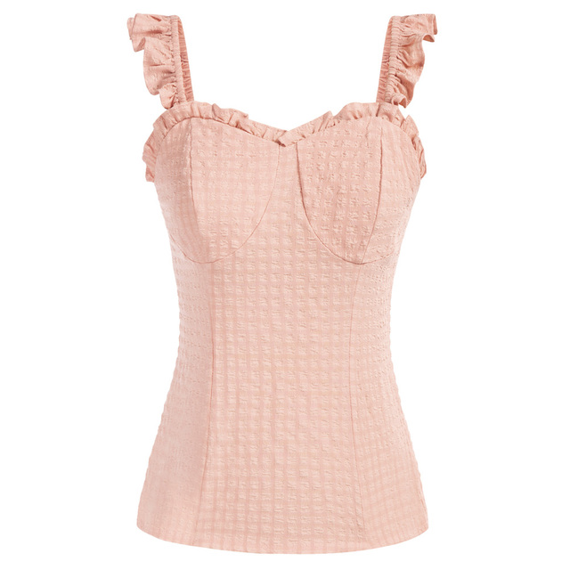 Belle Poque-Camiseta sin mangas con tirantes y volantes para mujer, ropa ajustada de los años 1950, camisetas ajustadas con escote Corazón, Tops, ropa de verano: Light Pink / M