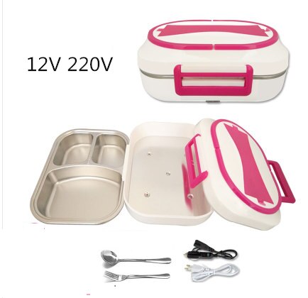 12V 24V 220V 1L Household Car Electric Heating Box With Stainless Steel Inner Mini Portable Electric Multi Cooker: pink 12V 220V