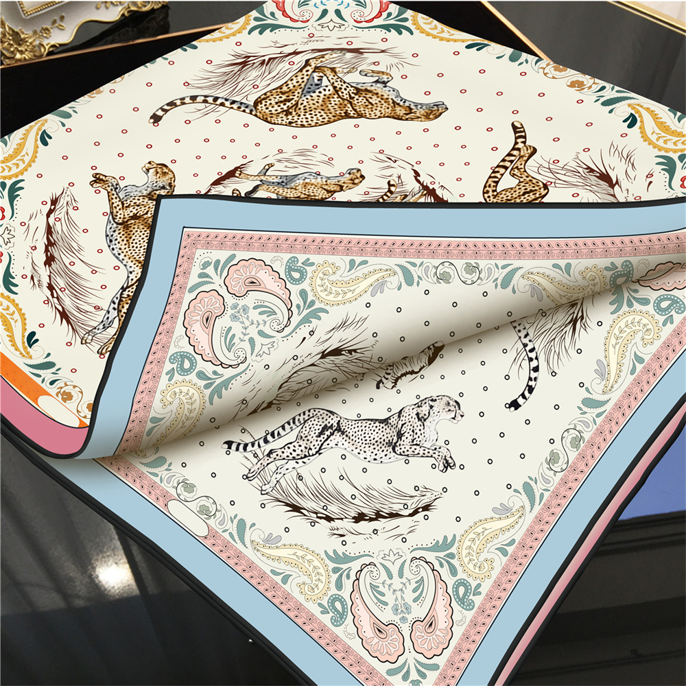 POBING-bufanda de sarga de seda enrollada a mano para mujer, bufandas cuadradas con doble estampado de leopardo, Echarpes Foulards, Hijab femenino de 90CM