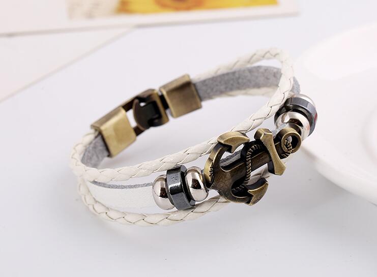 Multilayer Anker Armband Mannen Casual Mode Gevlochten Lederen Armbanden Voor Vrouwen Hout Kralen Armband Punk Rock Mannen Sieraden